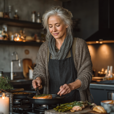 Літня жінка готує здорову їжу
